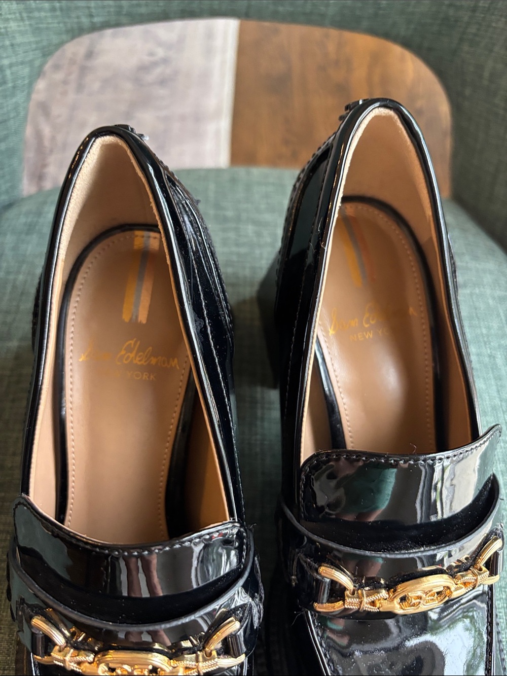 Sam Edelman QUINCY BLOCK HEEL LOAFER patent leather gold charm chunky women’s 6 - Picture 8 of 13